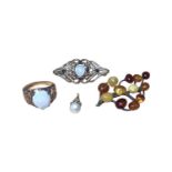 9ct gold opal ring, 9ct gold opal and blue sapphire brooch, 9ct gold mounted cultured pearl pedant