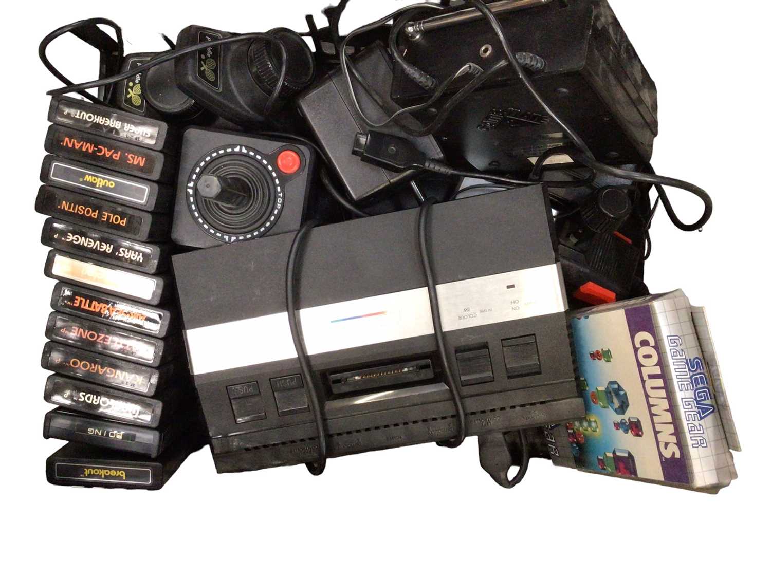 Atari 2600 video computer system with various attachments and games, portable Sega Game Gear hand he