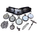 Eastern white metal belt buckle, other silver items and five pocket watches