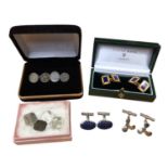 Four pairs of silver cufflinks and one other enamelled pair