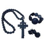 Victorian Irish bog oak carved cross pendant, bracelet and brooch