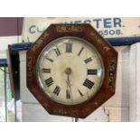 19th century rosewood and brass inlaid postman’s wall clock with white painted dial