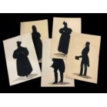 Six early 19th century pen work silhouette portraits on card, unsigned each approximately 28 x 18cm