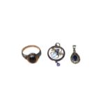 14ct gold ring set with an oval polished semi precious stone, Edwardian 9ct gold insect pendant and