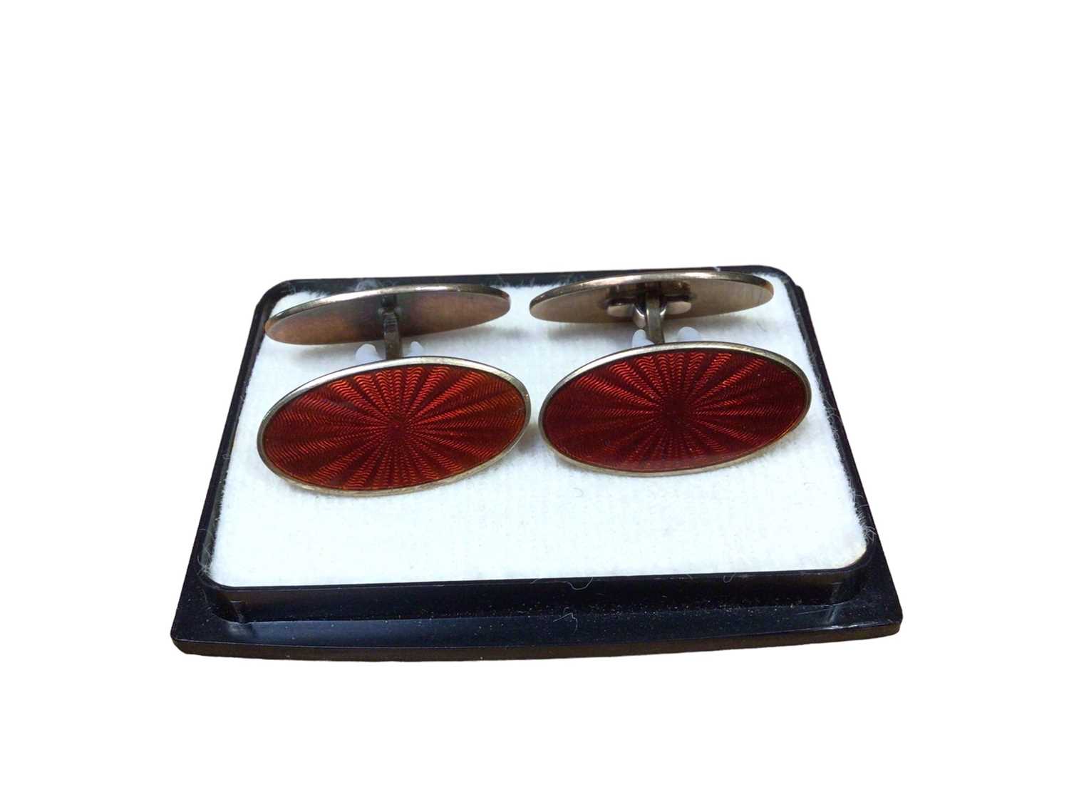 Pair of David Andersen Norwegian silver gilt and red guilloché enamel cufflinks in original box