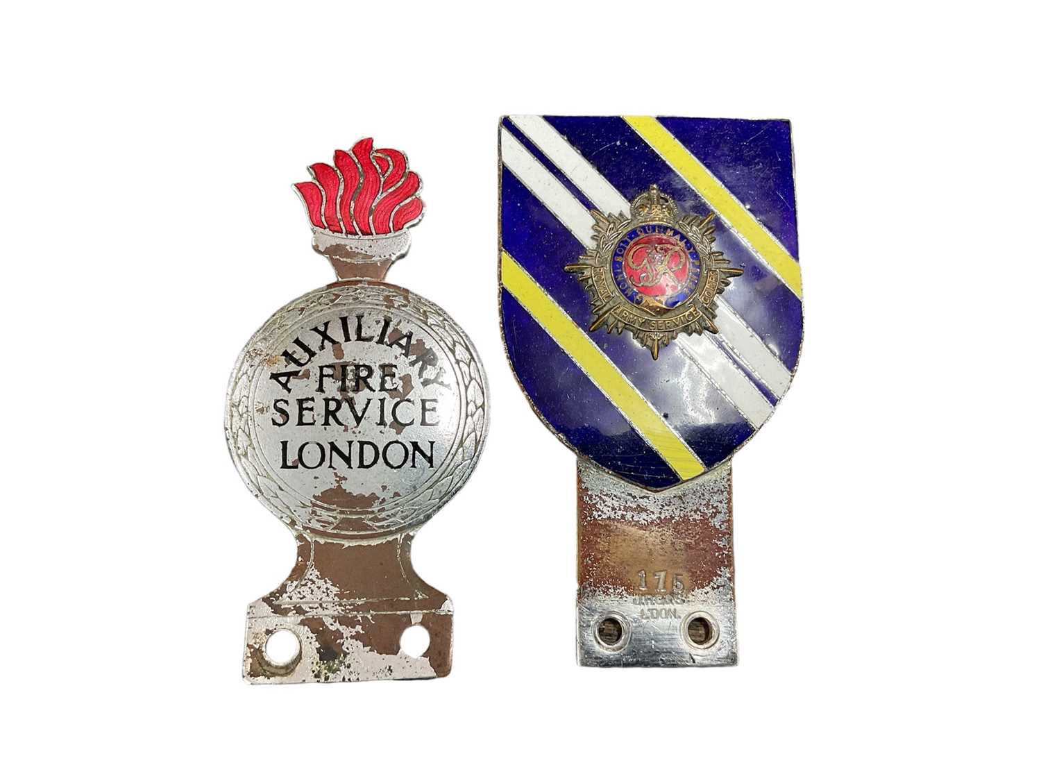 Scarce Auxiliary Fire Service London enamel car badge, together with an Army Service Corps car badge