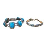 Egyptian white metal and glazed turquoise scarab beetle bracelet, together with an Egyptian enamelle
