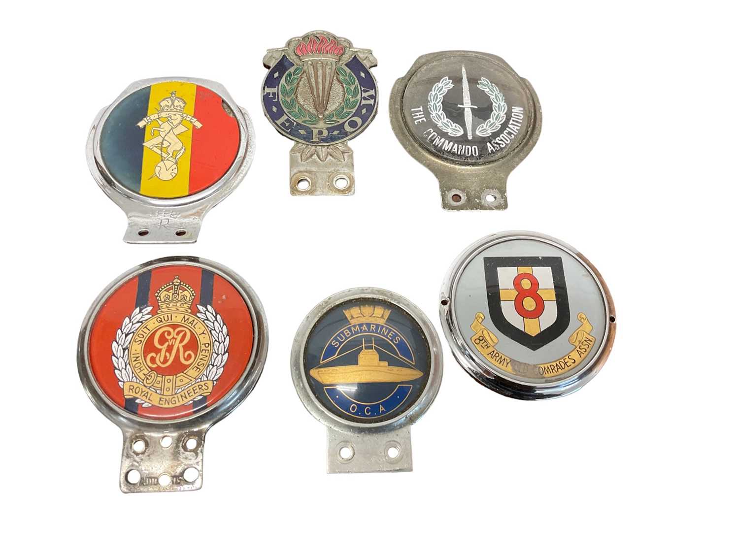 Six old military car badges including The Commando Association (6)
