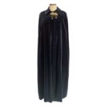 Full length midnight blue velvet cloak with a pair of enamel Czechoslovakian fastening clips and 197