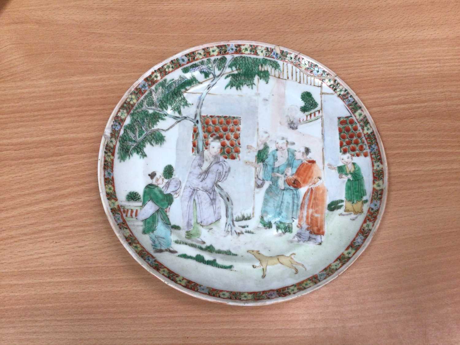 Six 19th century Chinese polychrome porcelain plates decorated with figures, birds and flowers - Image 5 of 12