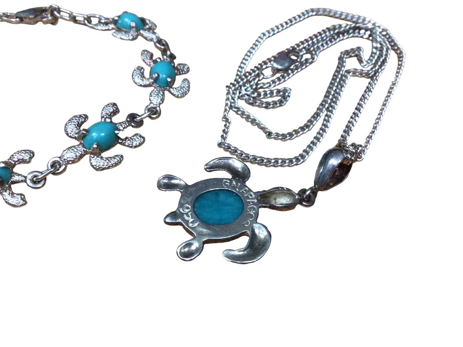 Galapagos silver turtle pendant set with a turquoise colour cabochon on silver chain, together with - Image 2 of 2