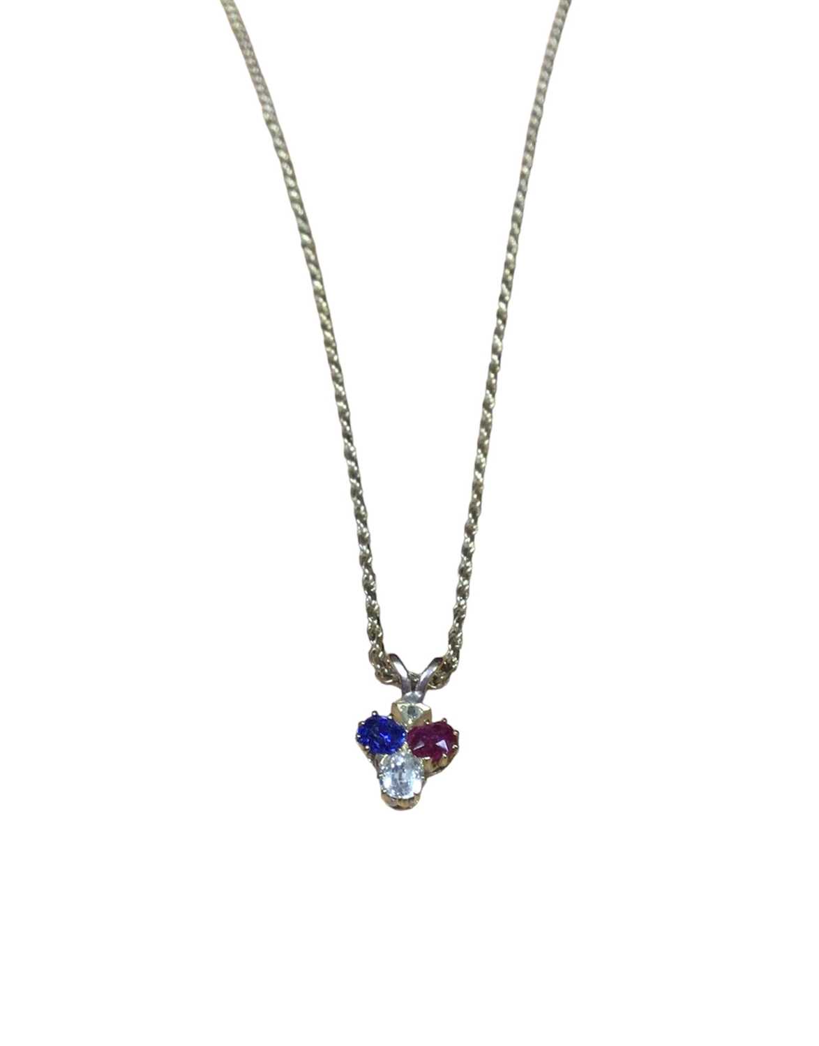 Victorian diamond ruby and blue sapphire pendant in the form of a spade, on a modern 9ct gold chain - Image 2 of 3