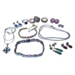 Group of silver rings, two silver chains, two gem set bracelets and various earrings