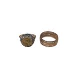 9ct gold mounted Mexican coin ring and 9ct gold wedding ring with foliate decoration