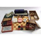 Chess set, cribbage board, playing cards, games, etc (one box)