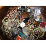 Costume jewellery including simulated pearl necklaces, micro mosaic brooch, collection of enamelled