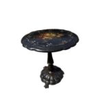 Victorian papier mache occasional table with shaped top painted with flowers, on bulbous column and