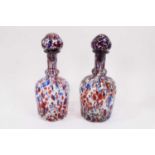 Rare pair of Nailsea speckled colour and clear glass decanters with original stoppers, early 19th ce