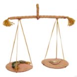 Georgian 'fancy', handmade small pink silk novelty or love token in the form of balance scales, one