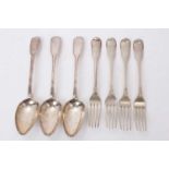 Four George III silver Fiddle and Thread pattern table forks with engraved crests