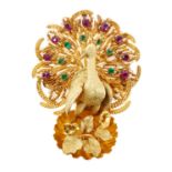 19th century gold peacock brooch set with emeralds and rubies