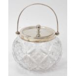 1920s silver mounted cut glass biscuit barrel of globular form