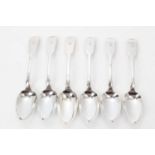 Set of six Victorian Scottish Fiddle pattern dessert spoons, with engraved armorial crests