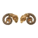 Pair of Greek 18ct gold and silver earrings with gold rams head terminals on a coiled silver and gol