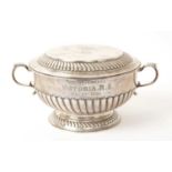 H.M. Queen Victoria, silver presentation to handled porringer and cover with fluted decoration given