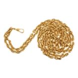 19th century gold long chain with mariner links and clasp, approximately 130cm.