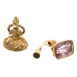 19th century gold and amethyst seal, one other and a Victorian gold and agate seal/watch key (3)