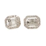 Pair of diamond cluster earrings, the octagonal cluster with baguette cut and brilliant cut diamonds