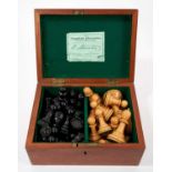 Good antique boxwood chess set: J. Jaques & Son, Ltd., London 'The Staunton Chessmen', with weighted