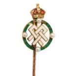 H. M. Queen Alexandra, fine gold, enamel and seed pearl stick pin in period associated case