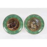 A pair of F and R Pratt malachite bordered plates ‘The Hop Queen’ and ‘The Truant’, one with rare Pr