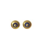Pair of 18ct gold and lapis lazuli earrings, the circular target shaped discs with post fittings, 19
