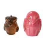 Two Imperial Russian Carl Fabergé carved hard stone bird ornaments comprising a pink Rhodonite owl w