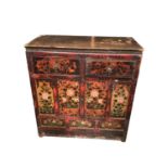 Antique Tibetan Shukhan chest with two drawers and cupboard below, 89cm wide, 43cm deep, 93.5cm high