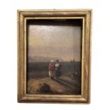 19th century English School oil on panel- figures and dog on the shore, 15cm x 11cm, in gilt frame