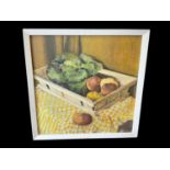 Liz Beerbohm (contemporary) oil on board, basket of vegetables, inscribed verso, 62 x 61cm
