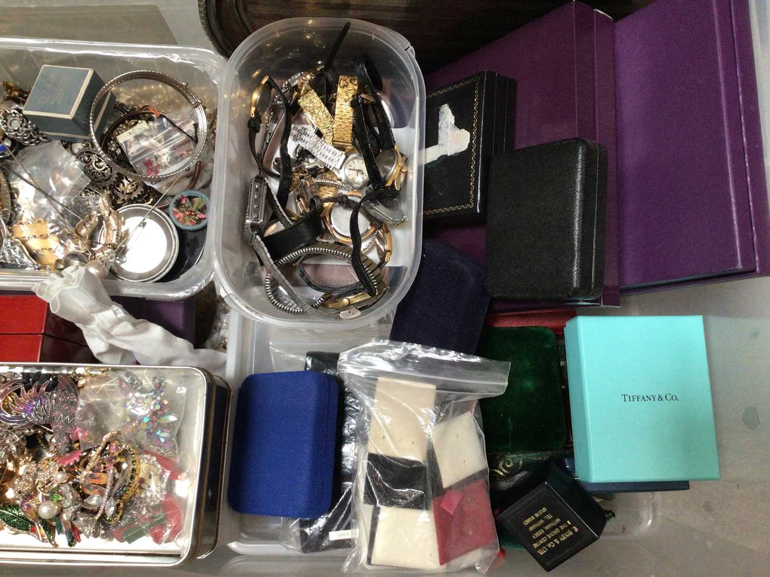 Quantity of vintage costume jewellery, wristwatches, empty jewellery boxes, silver plated tray and b - Image 2 of 3