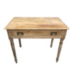 Victorian pine side table with single drawer and flush brass military style handles, 92cm wide, 52cm