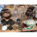 Sundry items, including a Victorian tureen and stand, copper kettles, decanters, tankards, etc