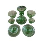 Stylish early 20th century green glass service with cut and etched borders comprising six sundae bow