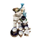 Group of china and glass, including Dresden tea wares and a blue glass cornucopia on a marble base