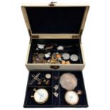 Jewellery box containing two antique seal fobs, fold out locket, silver cross pendant, silver powder