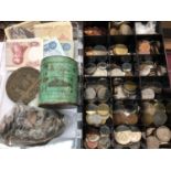 Group of GB and world coins, banknotes and a medallion
