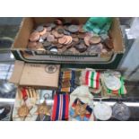 WWI war medal, WWII medal group and box of issue, together with a group of various coins