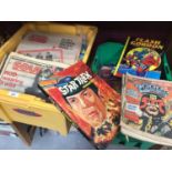 Two boxes of annuals, comics, old music periodicals, etc