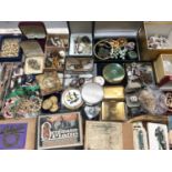Vintage costume jewellery, compacts, various beads, paste set brooches, cigarette cards and other bi